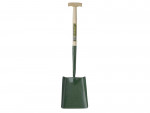 A green square-bladed shovel with a wooden handle and a T-shaped grip, displayed against a white background.