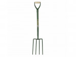 A green garden fork with four metal tines, a long handle, and a D-shaped wooden grip at the top.