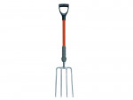 A garden fork with a black D-shaped handle, a red shaft, and four metal tines, shown against a white background.