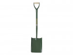 A green garden spade with a rectangular metal blade, a long straight handle, and a D-shaped wooden grip at the top, shown against a white background.