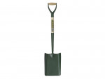 A green square-bladed shovel with a wooden D-shaped handle grip, shown upright against a white background. A label with the brand name Soparinielli is attached to the handle.
