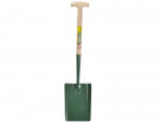 A garden spade with a wooden T-shaped handle and a green, flat metal blade, standing upright against a white background.