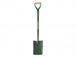 A green garden spade with a metal handle, a wooden grip at the top, and a flat rectangular blade designed for digging or moving soil.