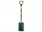 A green and yellow garden spade with a flat metal blade, wooden handle, and a D-shaped grip, shown upright on a white background.