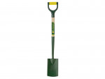 A garden spade with a green metal blade, a wooden shaft, and a green D-shaped handle with a yellow grip. The handle and shaft have a product label attached.