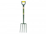 A green and yellow garden fork.,