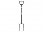 A garden fork with a green handle, yellow grip, and four metal tines. The handle features a label with the brand name Bulldog.