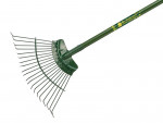 A green metal garden rake with a fan-shaped head and curved tines, branded with the name Bulldog on the handle.