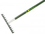 A green garden rake with a long handle and metal tines, featuring the brand name Bulldog and a yellow bulldog logo on the shaft.
