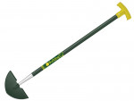 A green and yellow garden edging tool with a half-moon metal blade, a long handle, a T-shaped yellow grip, and the brand Bulldog printed on the shaft.