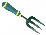 A green hand garden fork with a textured black three-pronged metal head and a green handle featuring yellow accents.,