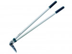A pair of long-handled garden loppers with black and blue handles and silver metal blades, used for cutting branches and thick stems.
