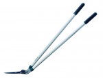 Long-handled garden shears with angled blades and black grips, designed for trimming grass or hedges while standing.