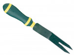 A metal garden weeder tool with a green handle featuring yellow stripes and a two-pronged fork at the end, used for removing weeds from soil.