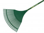 A green garden leaf rake with a wide, fan-shaped plastic head and long handle, labeled Bulldog, designed for gathering leaves and debris.