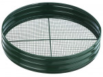 A round metal garden sieve with a green frame and a fine wire mesh bottom, used for sifting soil or compost. The mesh is divided into quarters by two crossing metal supports.