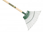 A garden rake with a wooden handle and a green metal fan-shaped head, featuring multiple thin metal tines for gathering leaves or debris.