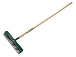 A garden rake with a long wooden handle and a wide metal head featuring multiple curved tines, designed for spreading and leveling soil or gravel.