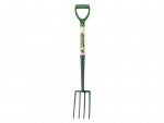 A green garden fork with four metal tines and a D-shaped handle, designed for digging and turning soil.