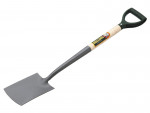 A square-bladed digging spade with a wooden handle and a black D-shaped grip, labeled Bulldog. The blade is metal and has a flat edge, suitable for gardening or digging tasks.
