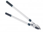 A pair of long-handled loppers with silver handles and black rubber grips, featuring a sharp, curved cutting blade for trimming branches and thick stems.