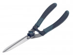 A pair of garden hedge shears with long silver blades and black handles, used for trimming hedges and shrubs.