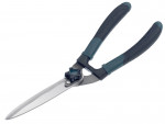 A pair of garden hedge shears with long, sharp metal blades and black ergonomic handles, positioned on a white background.