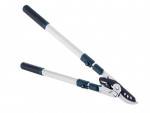 A pair of long-handled garden loppers with black grips and a silver cutting blade, designed for trimming branches and pruning shrubs.