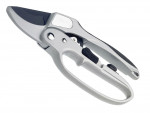 A pair of silver and black garden pruning shears with a curved blade and ergonomic handle, shown against a white background.