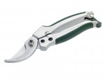 A pair of silver garden pruning shears with green rubber grips on the handles, displayed against a white background.