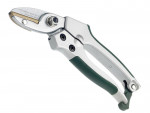 Silver and green pruning shears with a sharp, curved blade and ergonomic handle, designed for cutting plants or small branches.