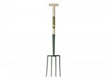 A garden fork with a wooden handle and four metal tines, designed for digging and turning soil.