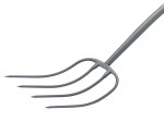 A metal pitchfork with four long, pointed tines and a curved handle, shown against a white background.