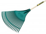 A green plastic garden leaf rake with a wide fan-shaped head and a cream-colored handle labeled Bulldog. The rake is designed for gathering leaves and debris.,
