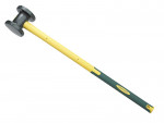 A black sledgehammer with a round double-sided metal head and a long yellow and green handle is shown on a white background.,