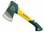 A green and yellow axe with a silver blade, branded with the word Bulldog on the handle and a bulldog logo on the axe head.