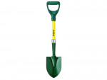 A green and yellow garden shovel with a D-shaped handle and a pointed blade, standing upright against a white background. The word Bulldog is printed on the yellow shaft.
