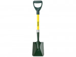 A green and yellow garden spade with a D-shaped handle and a square metal blade, standing upright against a white background. The word Bulldog is printed on the handle.