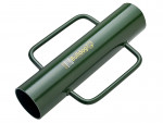 A green metal post driver with two side handles, labeled Bulldog in yellow text. The tool is used for driving fence posts into the ground.