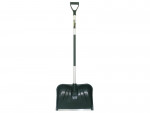 A large, black snow shovel with a wide curved plastic blade, a metal handle, and a black D-shaped handgrip at the top, positioned upright on a white background.