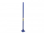 A tall, blue, vertical pole with a square base and a label on its side, standing upright against a white background.