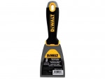 A DEWALT professional putty knife with a black and yellow handle and a 3-inch metal blade. The handle has a hanging hole at the top, and the blade label displays product details in English and Spanish.