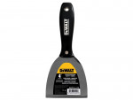 A DeWalt professional 4-inch putty knife with a black handle and a stainless steel blade, featuring a DeWalt label and product information on the blade.