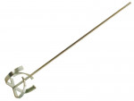 A metal paint mixer with a long straight handle and a spiral mixing blade at one end, designed for attaching to a drill for stirring paint or other liquids.