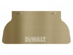 A tan-colored face shield with the DeWALT logo printed at the bottom center and two metal fasteners at the top for attaching to a helmet or headgear.,