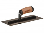 A DEWALT hand trowel with a rectangular metal blade and a soft, brown handle, designed for smoothing and finishing surfaces. The DEWALT logo is visible on both the handle and the blade.