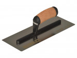 A rectangular steel trowel with a cork grip handle, labeled DEWALT FLEX-CS, used for smoothing and finishing surfaces in construction or masonry work.