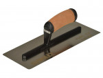 A DeWalt flexible curved trowel with a rectangular metal blade and a cushioned brown handle, designed for smoothing or spreading materials in construction or masonry work.