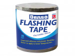 A roll of Denso Flashing Tape with a blue and white label, featuring product information including 10 metre roll, improved adhesion and greater flexibility, and a Made in Britain logo.