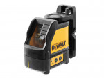 A yellow and black DEWALT laser level tool with a clear protective front cover and control buttons on the side, designed for precise alignment and leveling tasks.